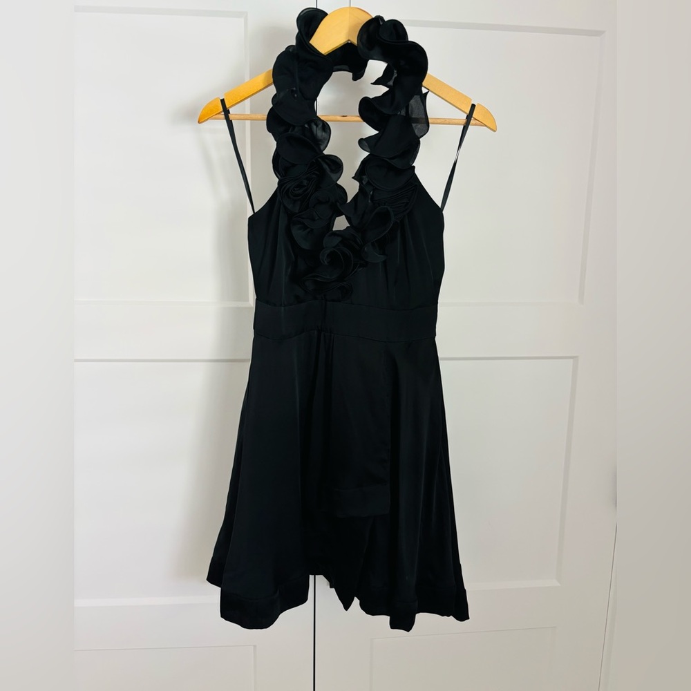 BebΓ© Black Ruffled Halter 100% Silk Cocktail Mini Dress NWOT Size XS